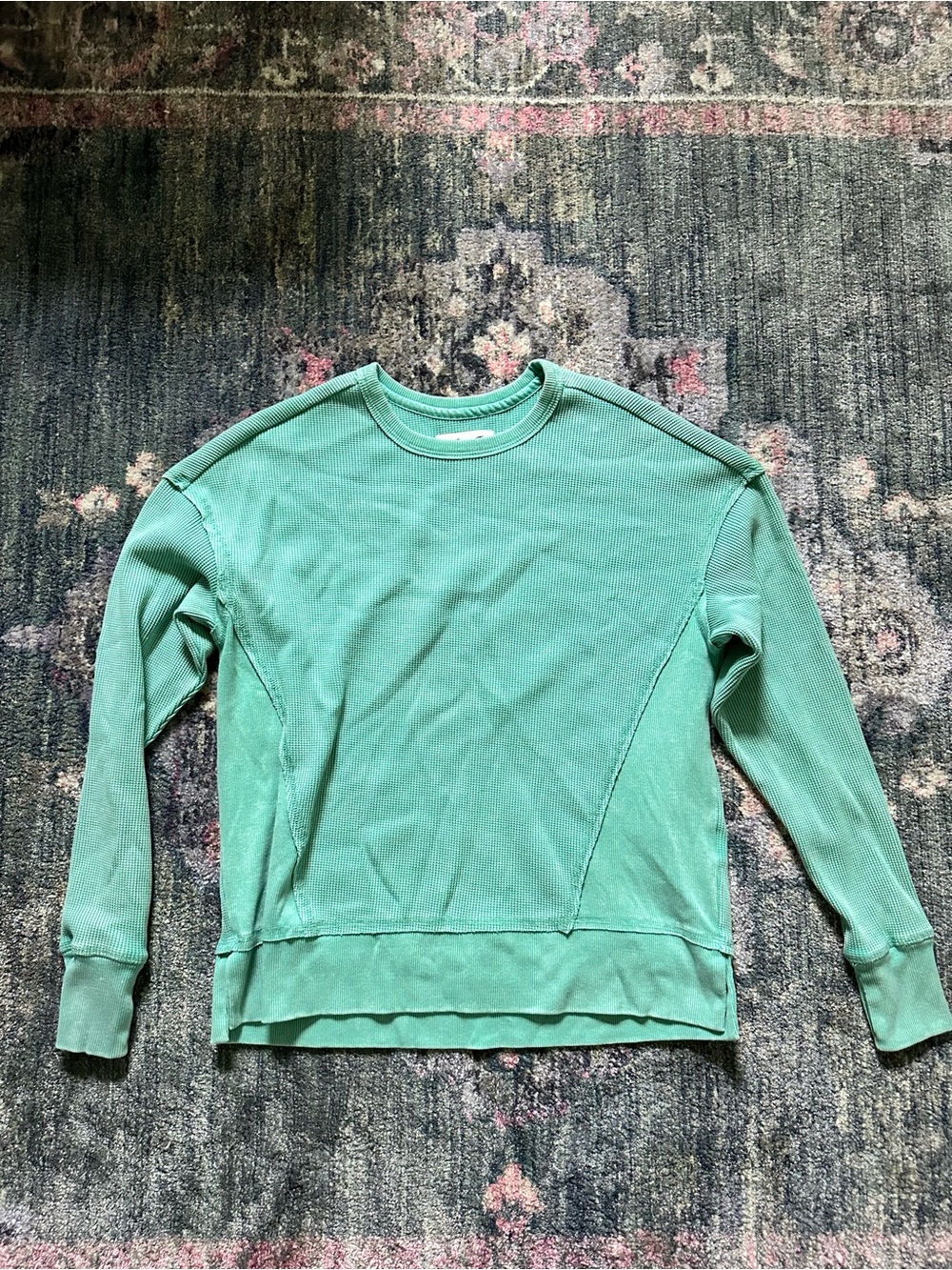 Seven7 Women's Waffle-knit Crewneck Thermal Top in Green XS Comfy Layer Cozy